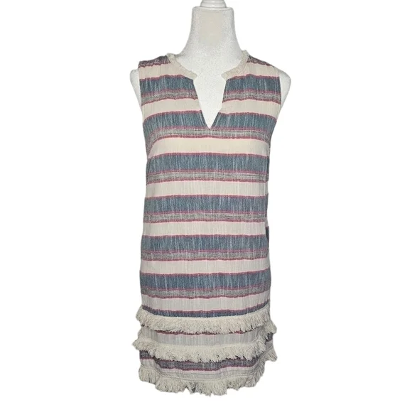 Holding Horses Anthropologies Cream & blue & red stripes w/ fringe v-neck size 6 - Picture 9 of 13